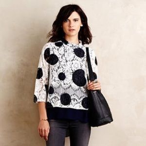 Navy and white polka dot blouse